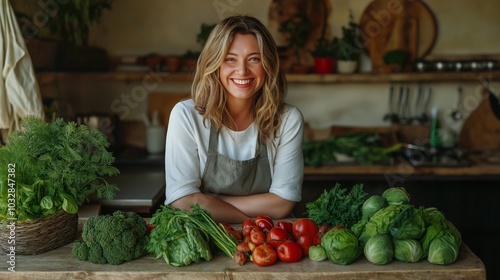 woman smiling happily inside She offers nutritious food. generate ai