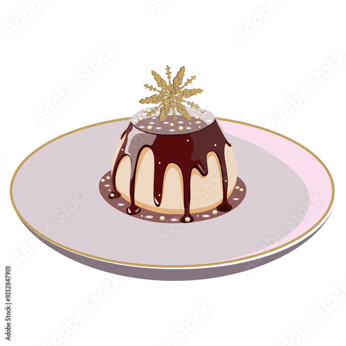 Christmas dessert a Panna Cotta with chocolate and sweet snowflakes decor. Vector illustration 
