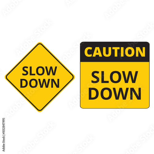 Yellow and black slow down signs on a white background