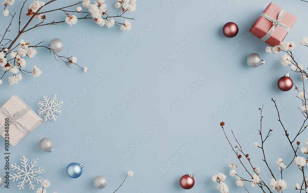 Fototapeta premium Festive arrangement with Christmas gifts, ornaments, and decorative branches on a light blue background during the holiday season