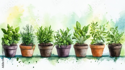 Watercolor Illustration of Various Herbs in Pots - Vibrant and Detailed Botanical Art