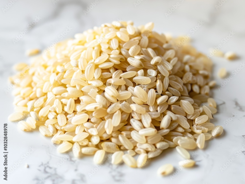 A close-up of cooked Arborio rice on a white background A close-up of cooked Arborio rice on a white background