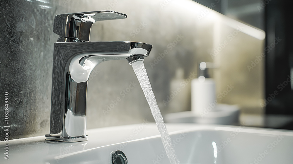 Close-up of a modern chrome faucet with running water, highlighting the concept of water quality and filtration systems for purification and softening, in a sleek, contemporary bathroom setting. Close-up of a modern chrome faucet with running water, highlighting the concept of water quality and filtration systems for purification and softening, in a sleek, contemporary bathroom setting.
