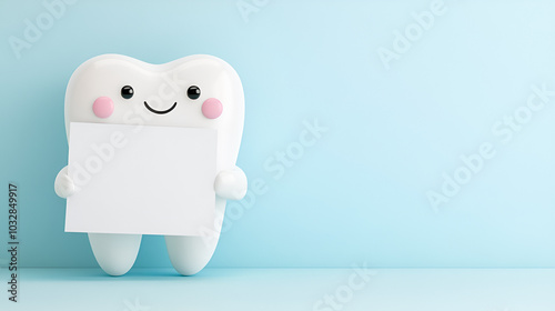 cute  tooth holding a blank banner for ad text. Light blue studio background, perfect for advertising pediatric dental services or general dental care. Minimalist style with a smiling tooth character.
