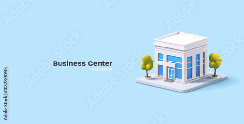 Modern building of the business center, 3D. For commercial real estate, comfortable office, technology, and business promotion concepts. Vector