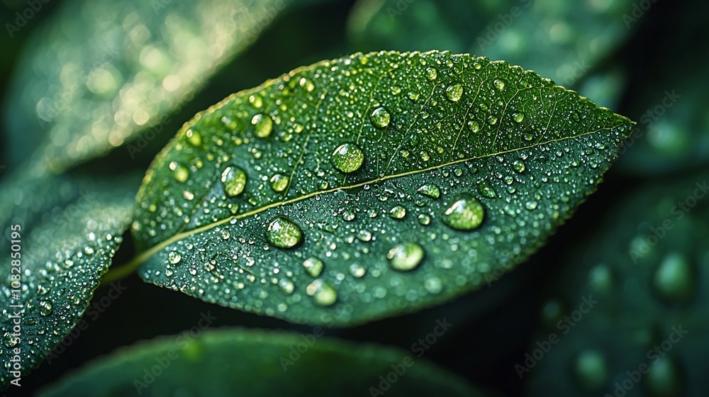 Close-up of a green leaf covered in water droplets. Close-up of a green leaf covered in water droplets.
