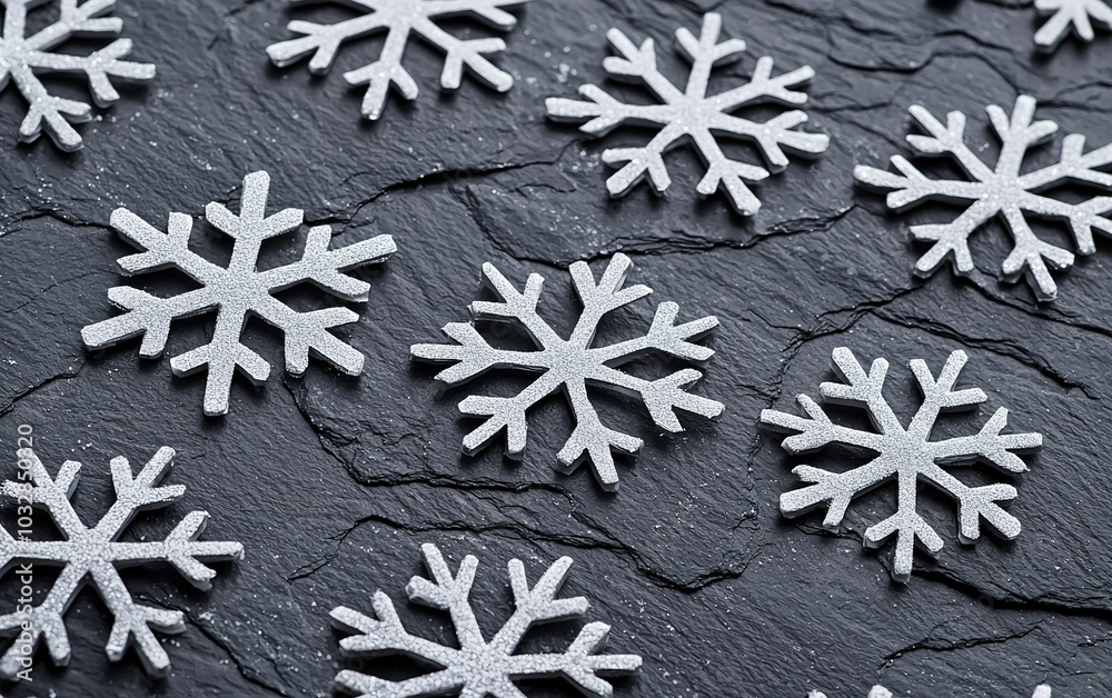 Decorative silver snowflakes arranged on a dark textured surface for seasonal celebration and holiday decor inspiration