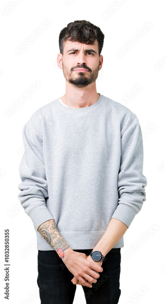 Young handsome man wearing sweatshirt over isolated background depressed and worry for distress, crying angry and afraid. Sad expression. Young handsome man wearing sweatshirt over isolated background depressed and worry for distress, crying angry and afraid. Sad expression.