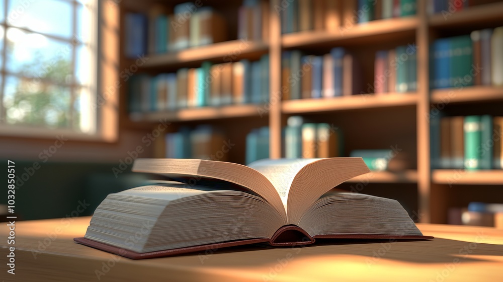 Inviting Study Space: An Open Book on a Desk Surrounded by Stacks of Books Against a Blurred Background of a Bright Public Library Inviting Study Space: An Open Book on a Desk Surrounded by Stacks of Books Against a Blurred Background of a Bright Public Library
