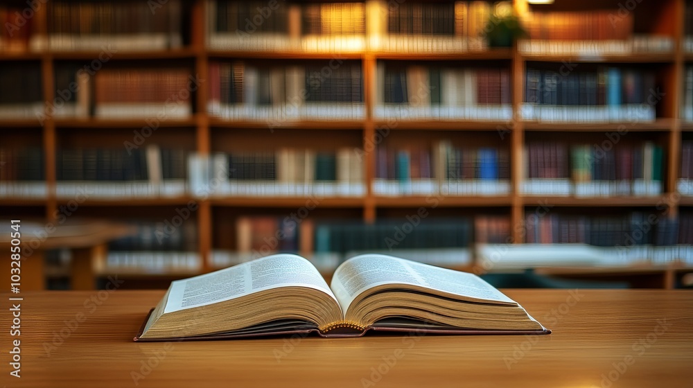 Fototapeta premium Inviting Study Space: An Open Book on a Desk Surrounded by Stacks of Books Against a Blurred Background of a Bright Public Library