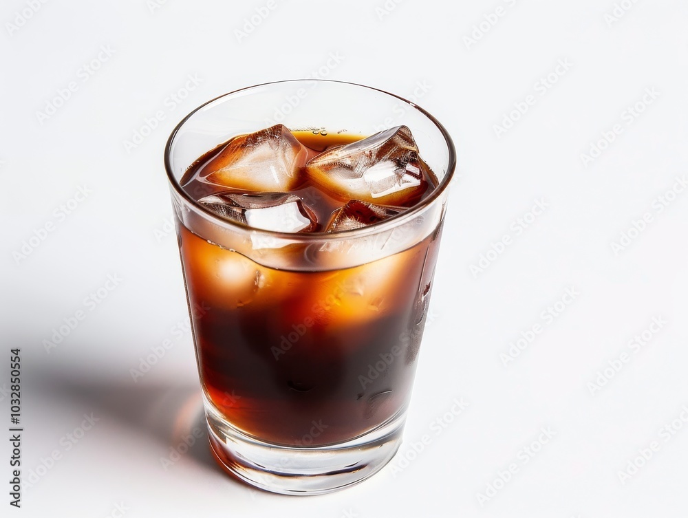 A glass of cold brew coffee with ice cubes on a white background A glass of cold brew coffee with ice cubes on a white background