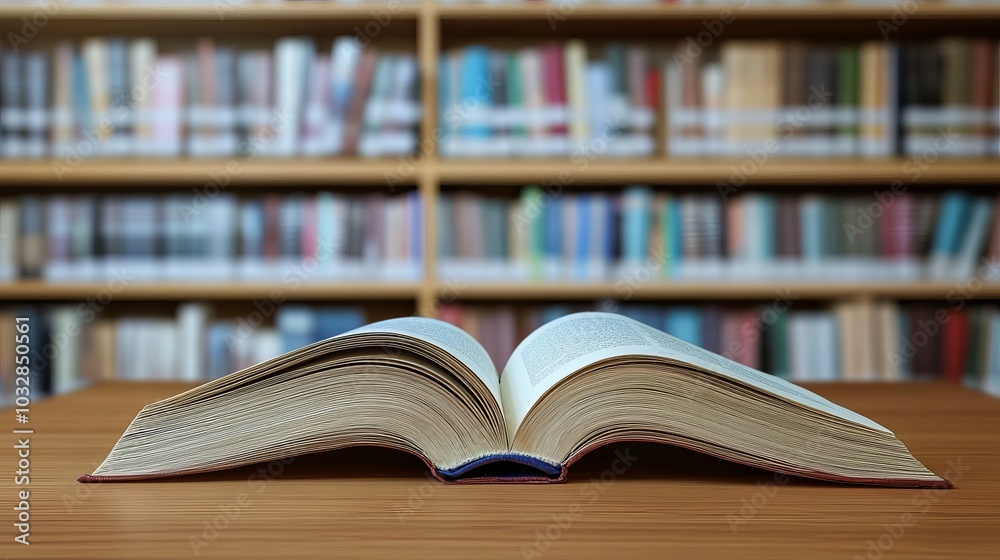Inviting Study Space: An Open Book on a Desk Surrounded by Stacks of Books Against a Blurred Background of a Bright Public Library Inviting Study Space: An Open Book on a Desk Surrounded by Stacks of Books Against a Blurred Background of a Bright Public Library