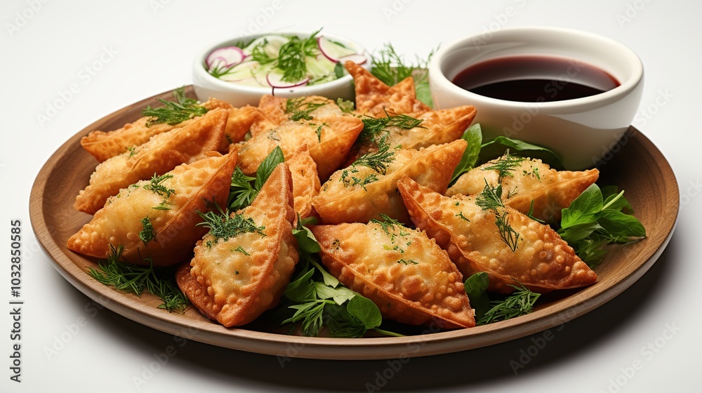 A plate of fried wontons with a side of dipping sauce and a cucumber salad. A plate of fried wontons with a side of dipping sauce and a cucumber salad.
