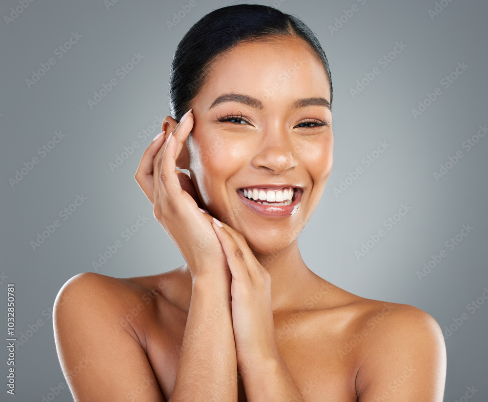 Smile, makeup or portrait of woman with beauty in studio on grey background for facial glow. Cosmetology, happy girl or face of proud model with cosmetics, skincare results or dermatology treatment Smile, makeup or portrait of woman with beauty in studio on grey background for facial glow. Cosmetology, happy girl or face of proud model with cosmetics, skincare results or dermatology treatment
