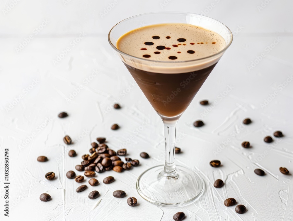 A glass of espresso martini with coffee beans on a white background A glass of espresso martini with coffee beans on a white background
