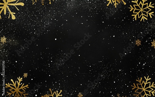 Elegant black background adorned with gold snowflakes and glitter for festive winter celebrations