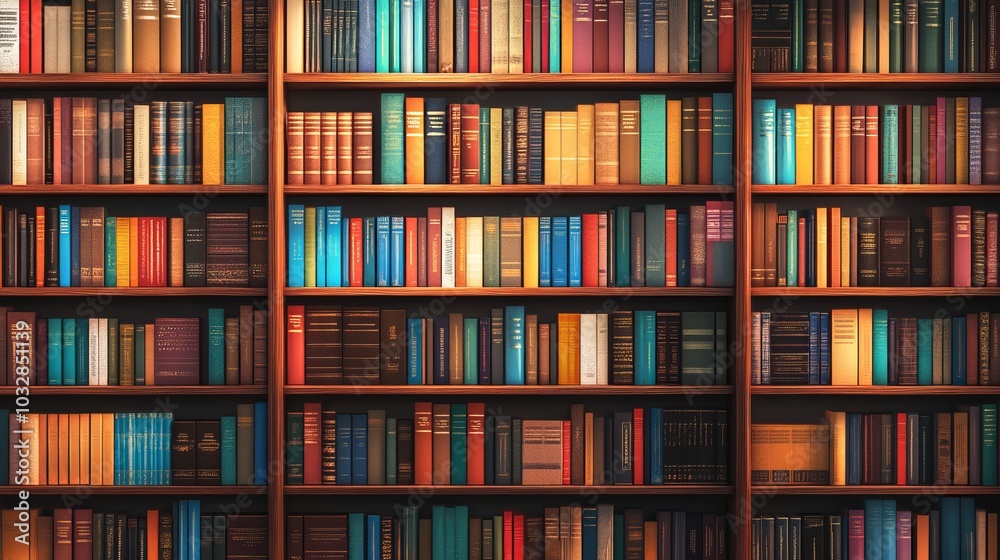 Library Bookshelf with Colorful Spines and Warm Wood: A Neatly Organized Space for Calm Reflection, Perfect for Study and Peaceful Reading Moments Library Bookshelf with Colorful Spines and Warm Wood: A Neatly Organized Space for Calm Reflection, Perfect for Study and Peaceful Reading Moments