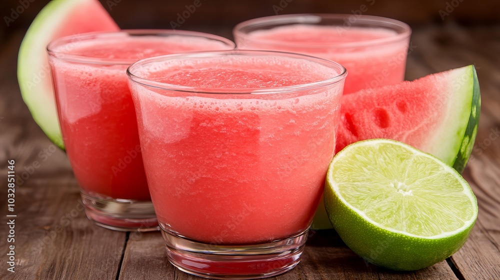 Refreshing watermelon smoothie with a lime wedge. Refreshing watermelon smoothie with a lime wedge.