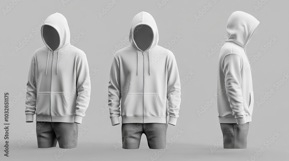 Blank hooded sweatshirt mockup with zipper in front, side and back views, 3d rendering, 3d illustration Blank hooded sweatshirt mockup with zipper in front, side and back views, 3d rendering, 3d illustration
