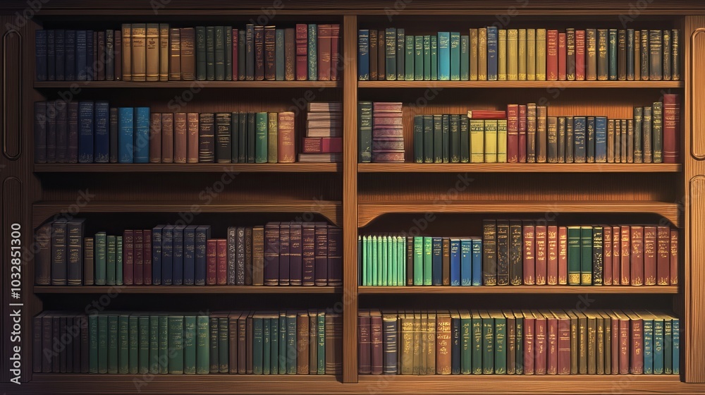 Library Bookshelf with Colorful Spines and Warm Wood: A Neatly Organized Space for Calm Reflection, Perfect for Study and Peaceful Reading Moments Library Bookshelf with Colorful Spines and Warm Wood: A Neatly Organized Space for Calm Reflection, Perfect for Study and Peaceful Reading Moments