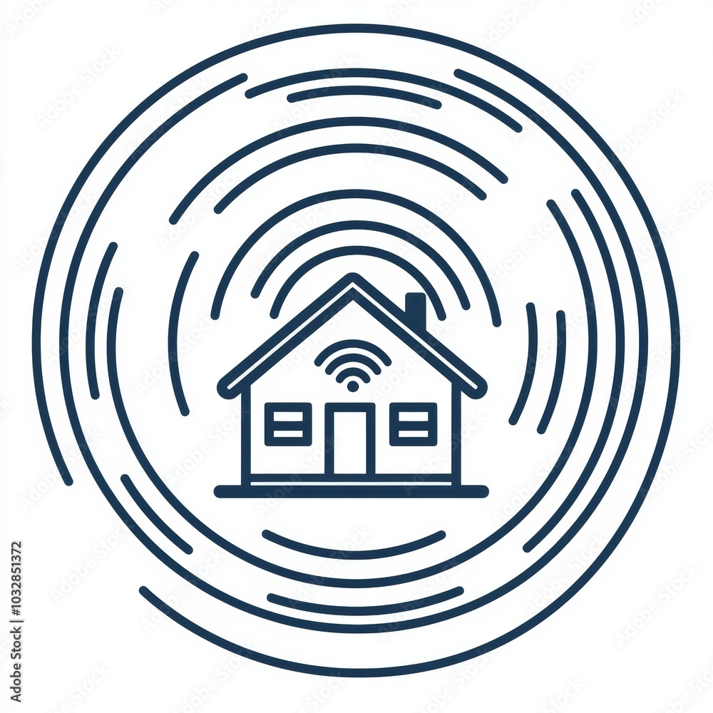 Symbol for home automation app. Wireless house sign. White 'smart home' icon on blue circle background. Illustration in modern style.