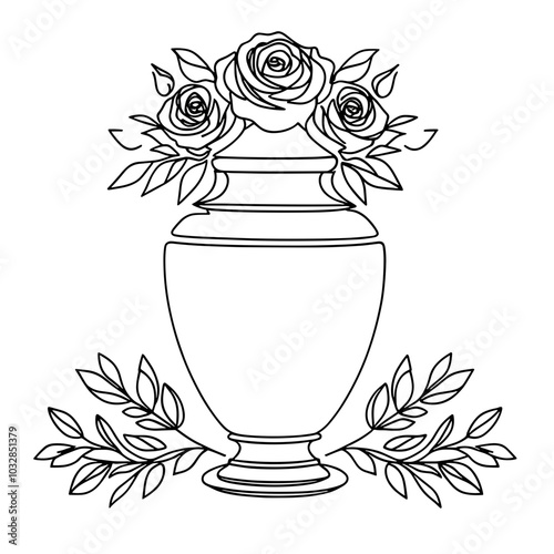 Minimalist vector illustration of cremation urn with roses and leaves