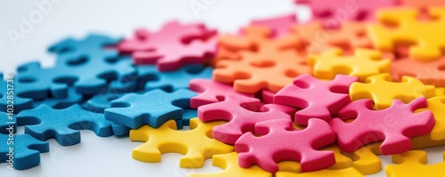 Colorful puzzle pieces scattered on a surface, representing fun, challenge, and creativity in games and problem-solving activities.