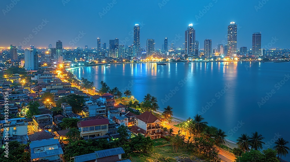 Night cityscape with illuminated skyline and water. Night cityscape with illuminated skyline and water.