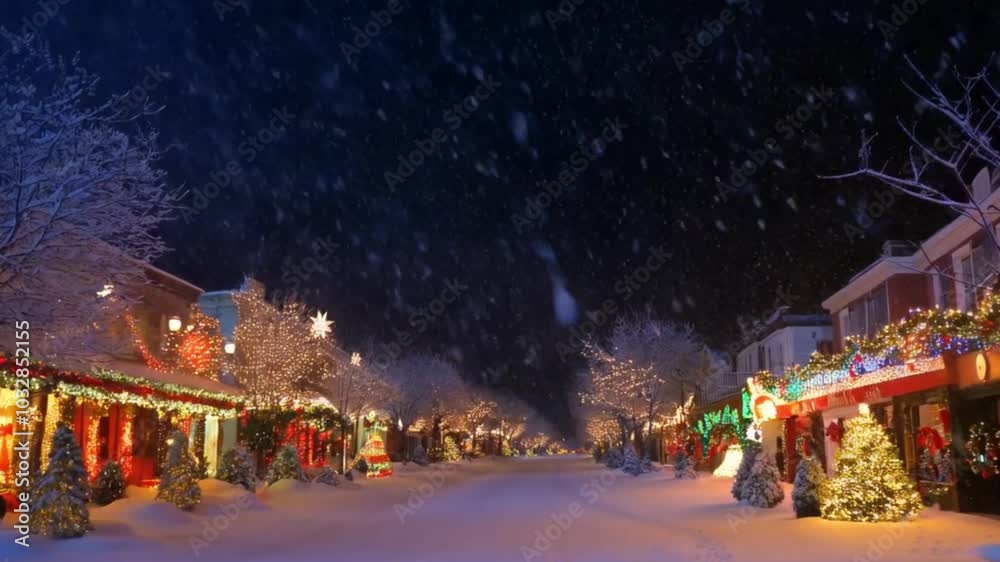 Snow gently falling over a deserted holiday street, warmly lit with Christmas decorations in a looping video. Snow gently falling over a deserted holiday street, warmly lit with Christmas decorations in a looping video.