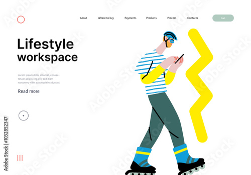 Creative workspace, modern flat vector concept illustration of a man working rollerblading with a phone, Remote work, flexibility, independence, efficiency, mobility, synergy, freedom