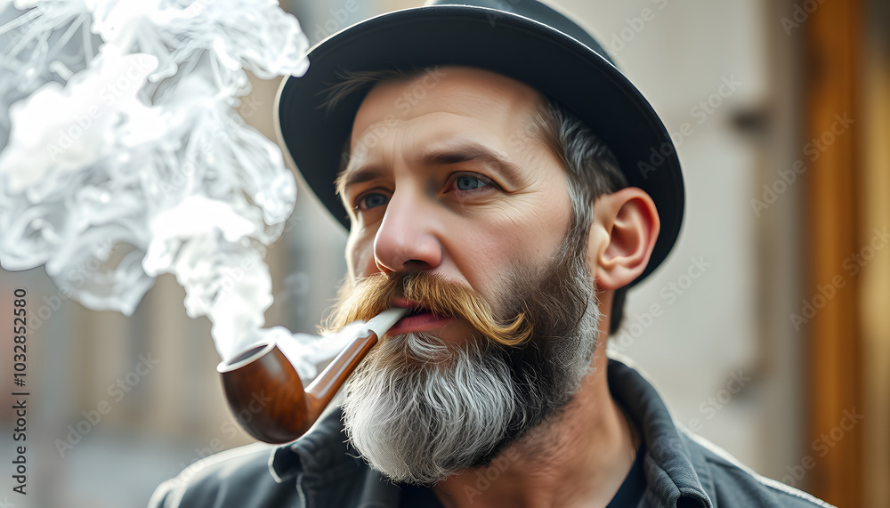 Guy smoking tobacco pipe. Hipster with grey beard and mustache. Bad habits conce isolated with white highlights, png Guy smoking tobacco pipe. Hipster with grey beard and mustache. Bad habits conce isolated with white highlights, png