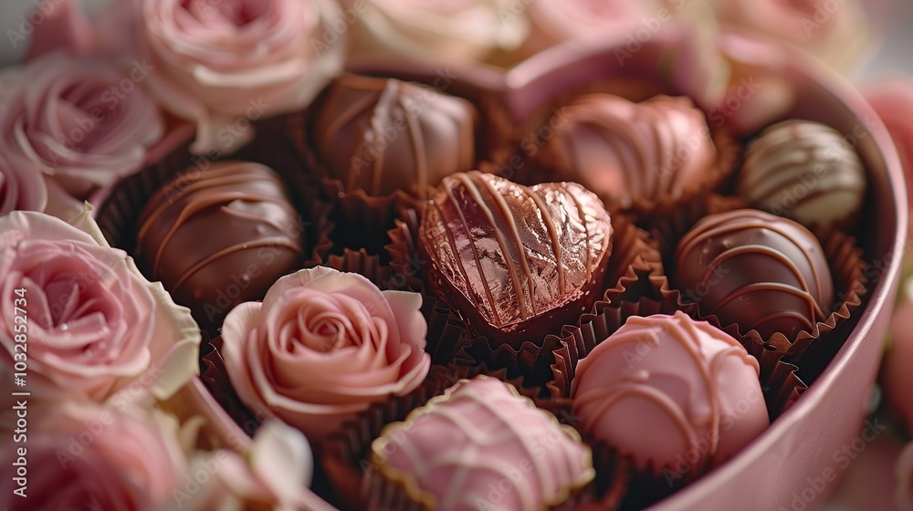 A heart-shaped box filled with assorted chocolates and pink roses. A heart-shaped box filled with assorted chocolates and pink roses.