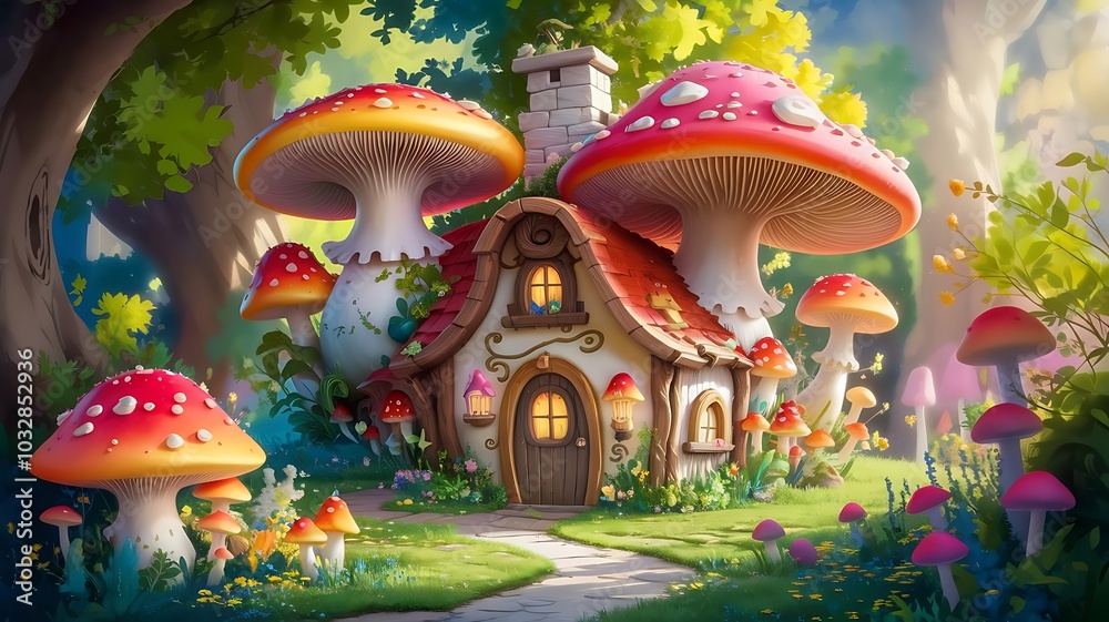 Whimsical Mushroom House in an Enchanted Forest Surrounded by Colorful Flora