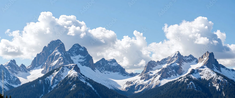 Snow-Capped Mountains Surrounded by Clouds in a Clear Blue Sky. Snow-Capped Mountains Surrounded by Clouds in a Clear Blue Sky.