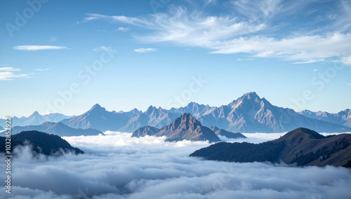 Snow-Capped Mountains Surrounded by Clouds in a Clear Blue Sky.