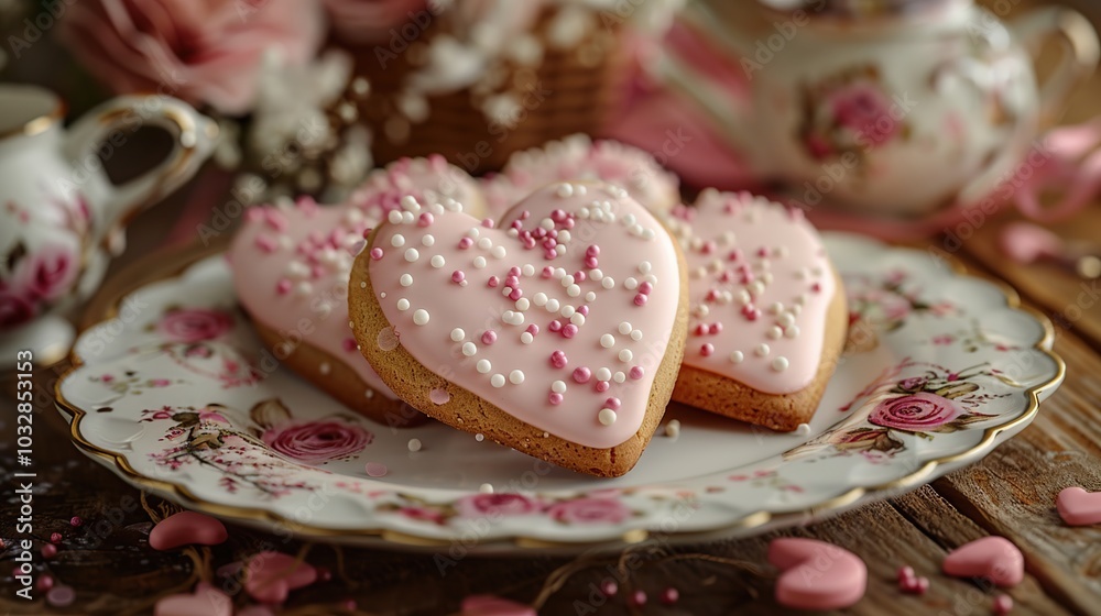 Heart-shaped cookies with pink icing and sprinkles, on a floral patterned plate, with a teacup and teapot in the background. Heart-shaped cookies with pink icing and sprinkles, on a floral patterned plate, with a teacup and teapot in the background.
