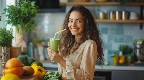 Wallpaper Mural Young smiling woman on kitchen holding a healthy green smoothie made of vegetables or fruits enjoying health and good mood, with vegetables on table and space for text, health care themes Torontodigital.ca