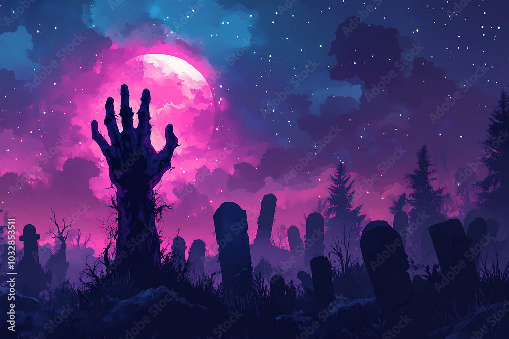 Creepy dirty zombie hand rising from grave in nighttime cemetery with full moon. Cartoon monster emerging from tomb. Horror banner, poster, party invitation, greeting card for Halloween, copy space Creepy dirty zombie hand rising from grave in nighttime cemetery with full moon. Cartoon monster emerging from tomb. Horror banner, poster, party invitation, greeting card for Halloween, copy space