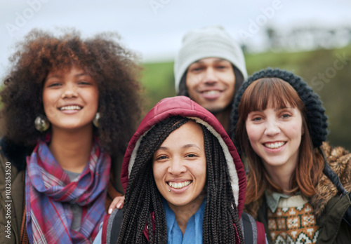 Friends, diversity and portrait outdoor for bonding, travel and vacation together with hug, smile and fun. People, happy and support for weekend, connection and holiday with embrace, trip and relax