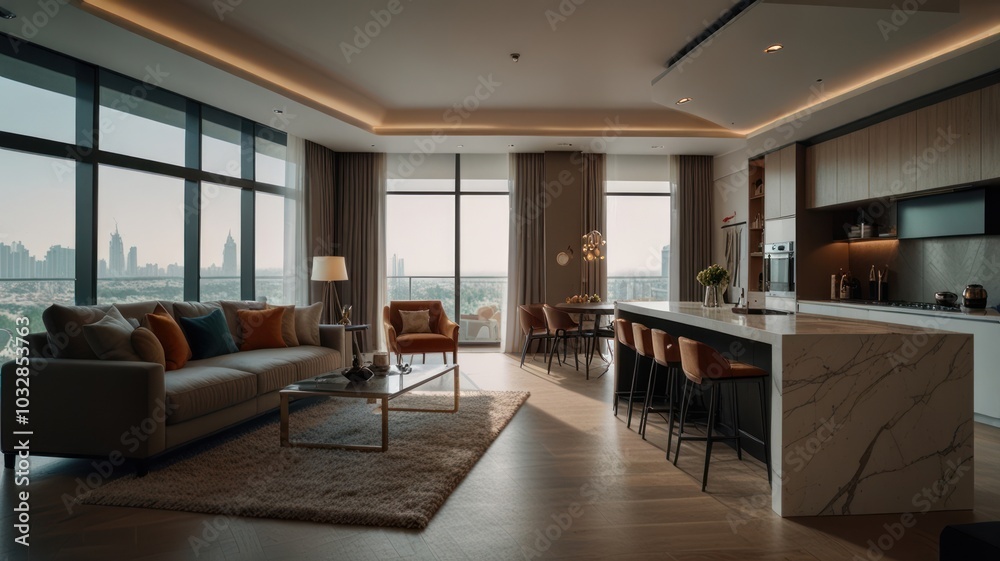 Modern living room with large windows offering panoramic city views, featuring a comfortable sofa, an open kitchen with a marble countertop, and a stylish dining area.