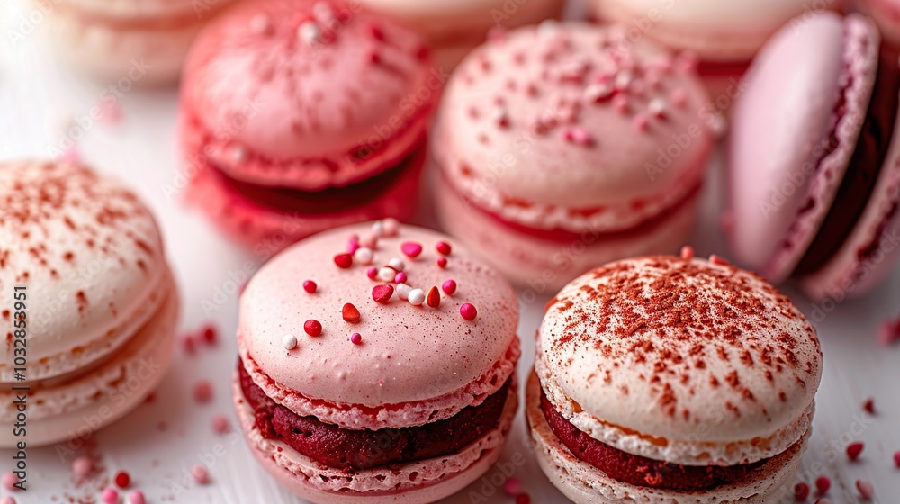Close-up of pink and white macarons with sprinkles on a white surface. Close-up of pink and white macarons with sprinkles on a white surface.