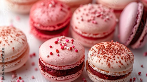 Close-up of pink and white macarons with sprinkles on a white surface.