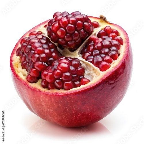 Chopped pomegranate halved on a white background showcasing its juicy seeds. Generative AI