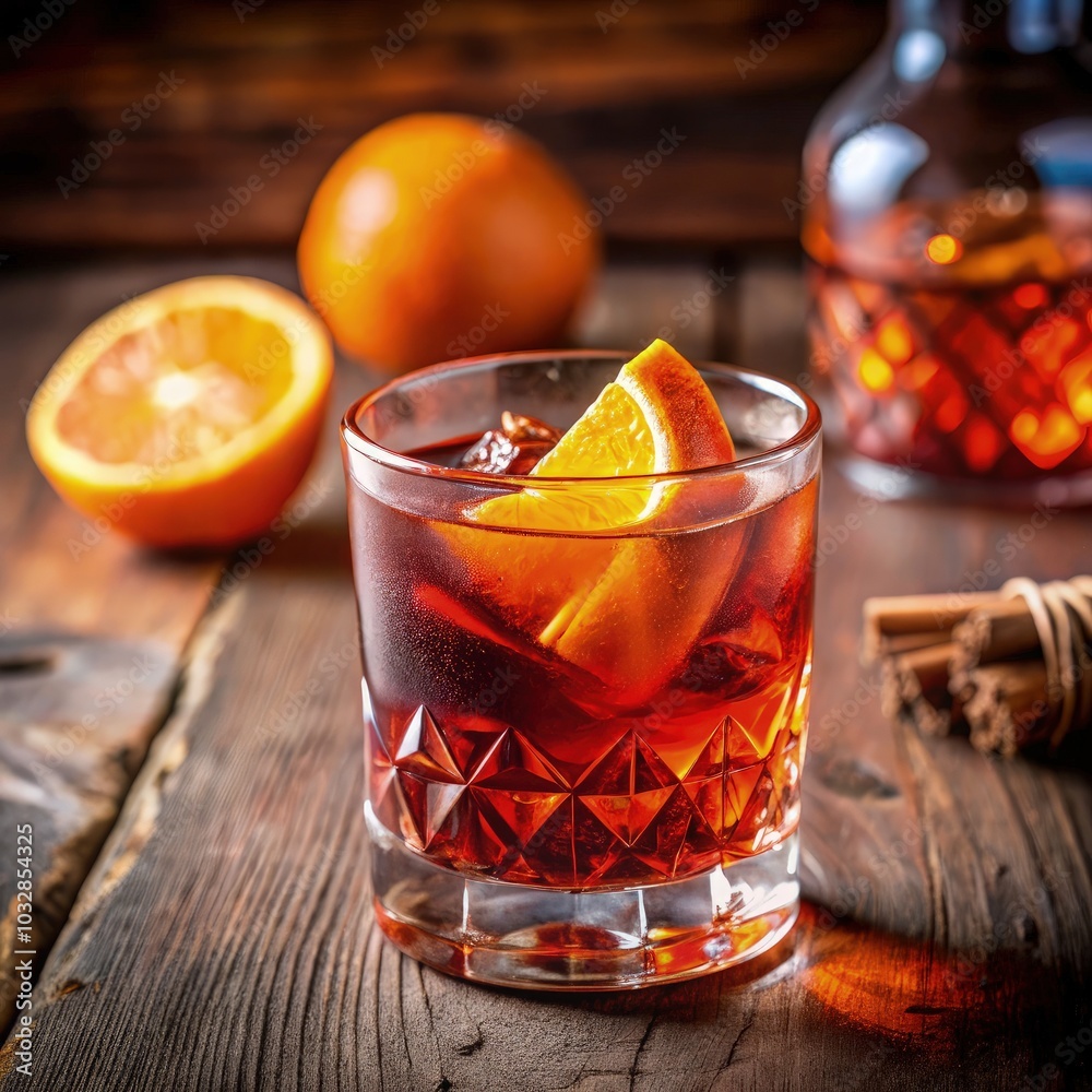 Classic negroni cocktail on a rustic wooden table with fresh oranges nearby. Generative AI Classic negroni cocktail on a rustic wooden table with fresh oranges nearby. Generative AI