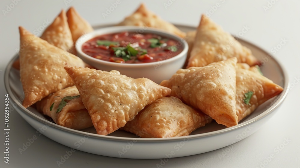 A plate of crispy golden samosas with a bowl of red salsa dipping sauce. A plate of crispy golden samosas with a bowl of red salsa dipping sauce.