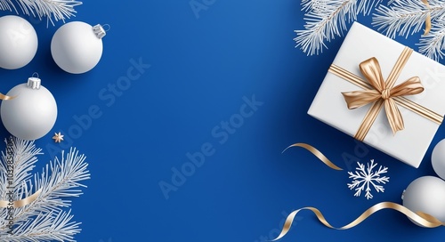 There are silver and blue balls, fir branches, and snowflakes on a shiny blue background.