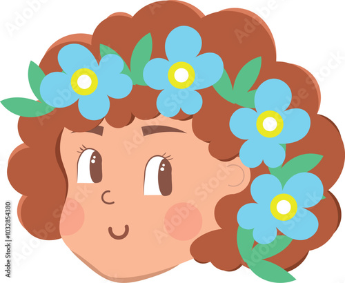 Cute girl face in pastel colors. Woman head with leafs and flowers in hair