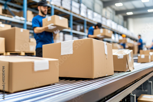 supply chain workers efficiently organizing packages on conveyor belts in a modern warehouse