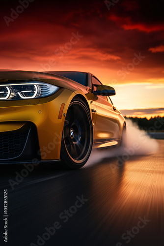 Yellow sports car accelerates, smoke lingers, glowing sky enhances dramatic scene. photo