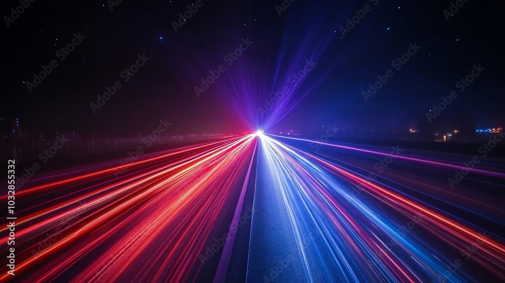 Abstract long exposure shot of a car driving down a highway at night with red and blue light trails. Abstract long exposure shot of a car driving down a highway at night with red and blue light trails.